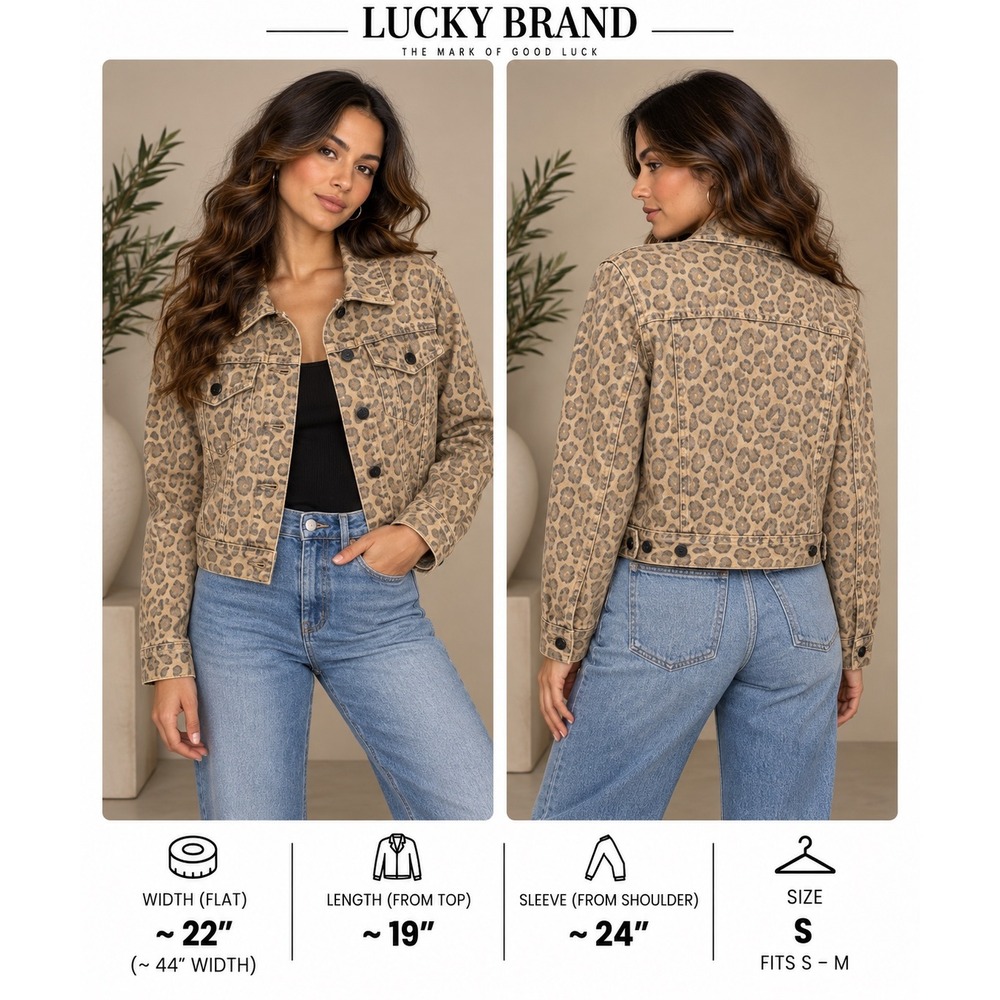 Lucky Brand The Tomboy Trucker Jacket Leopard Animal Print Tan Brown Small S